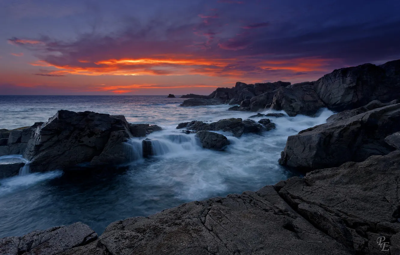 Фото обои пейзаж, океан, скалы, рассвет