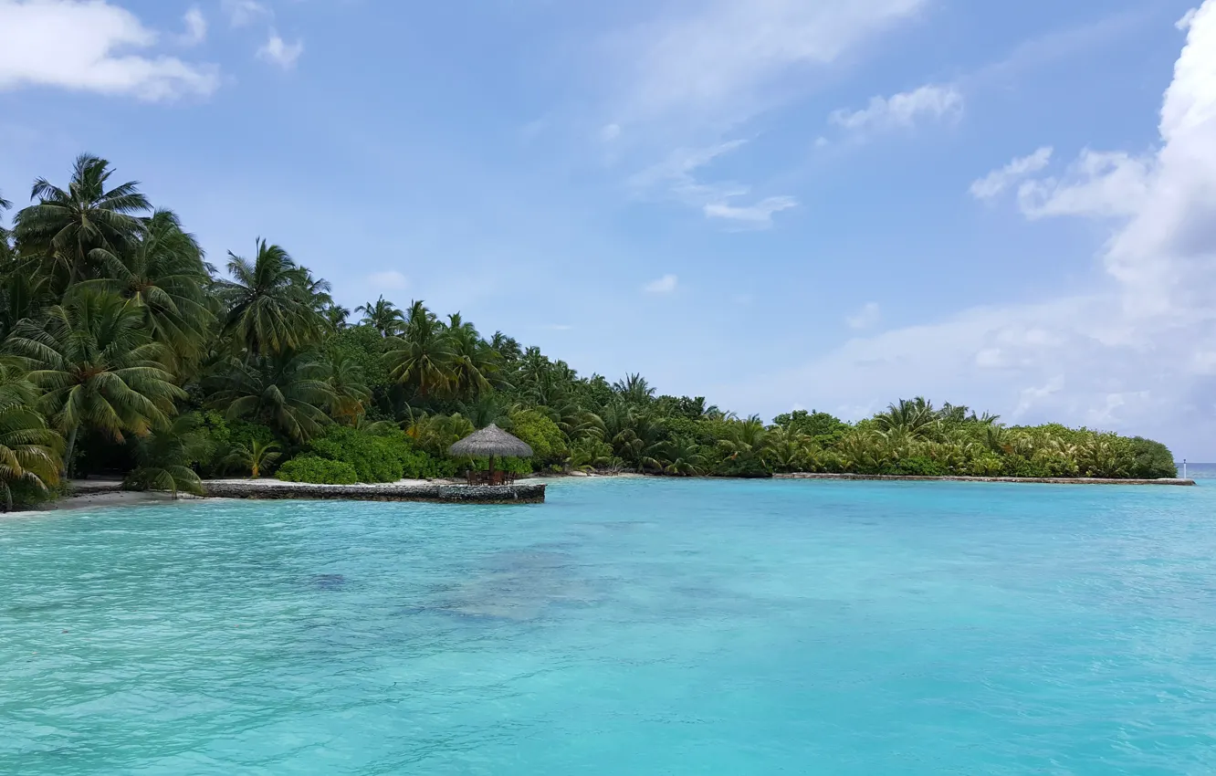 Фото обои небо, тропики, пальмы, океан, остров, белый песок, Мaldives