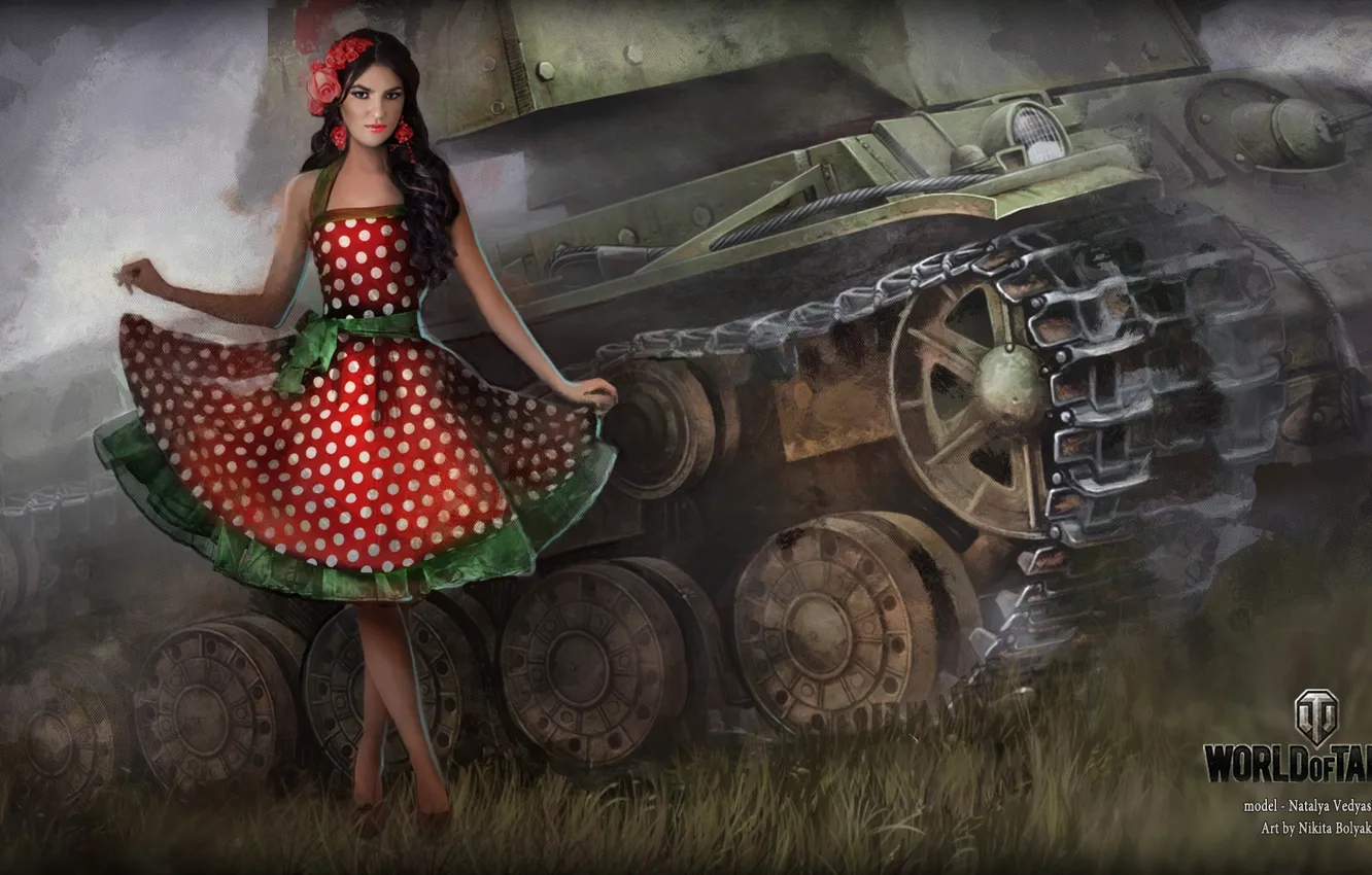 Фото обои девушка, платье, танк, girl, танки, WoT, Мир танков, tank
