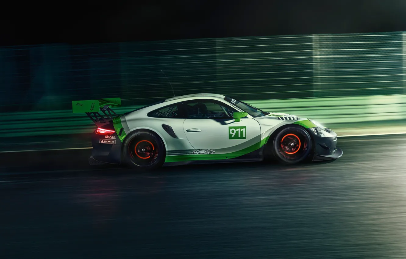Фото обои скорость, 911, Porsche, гоночное авто, вид сбоку, GT3 R, 2019