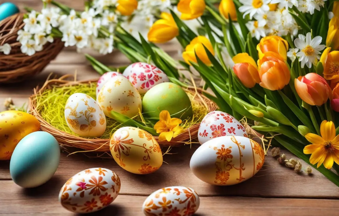 Фото обои цветы, яйца, весна, colorful, Пасха, happy, flowers, spring