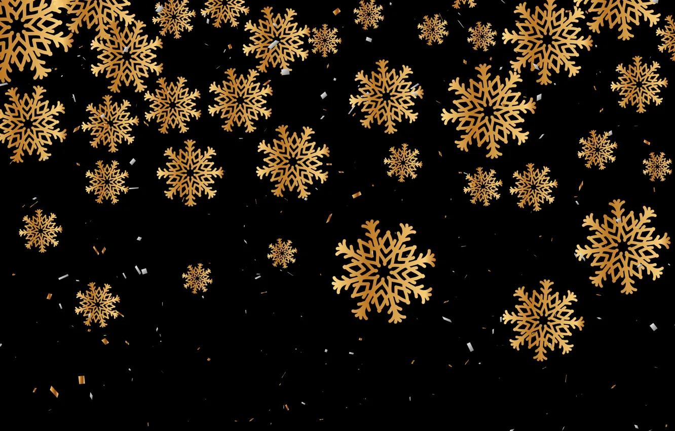 Фото обои украшения, снежинки, золото, Рождество, Новый год, golden, christmas, черный фон