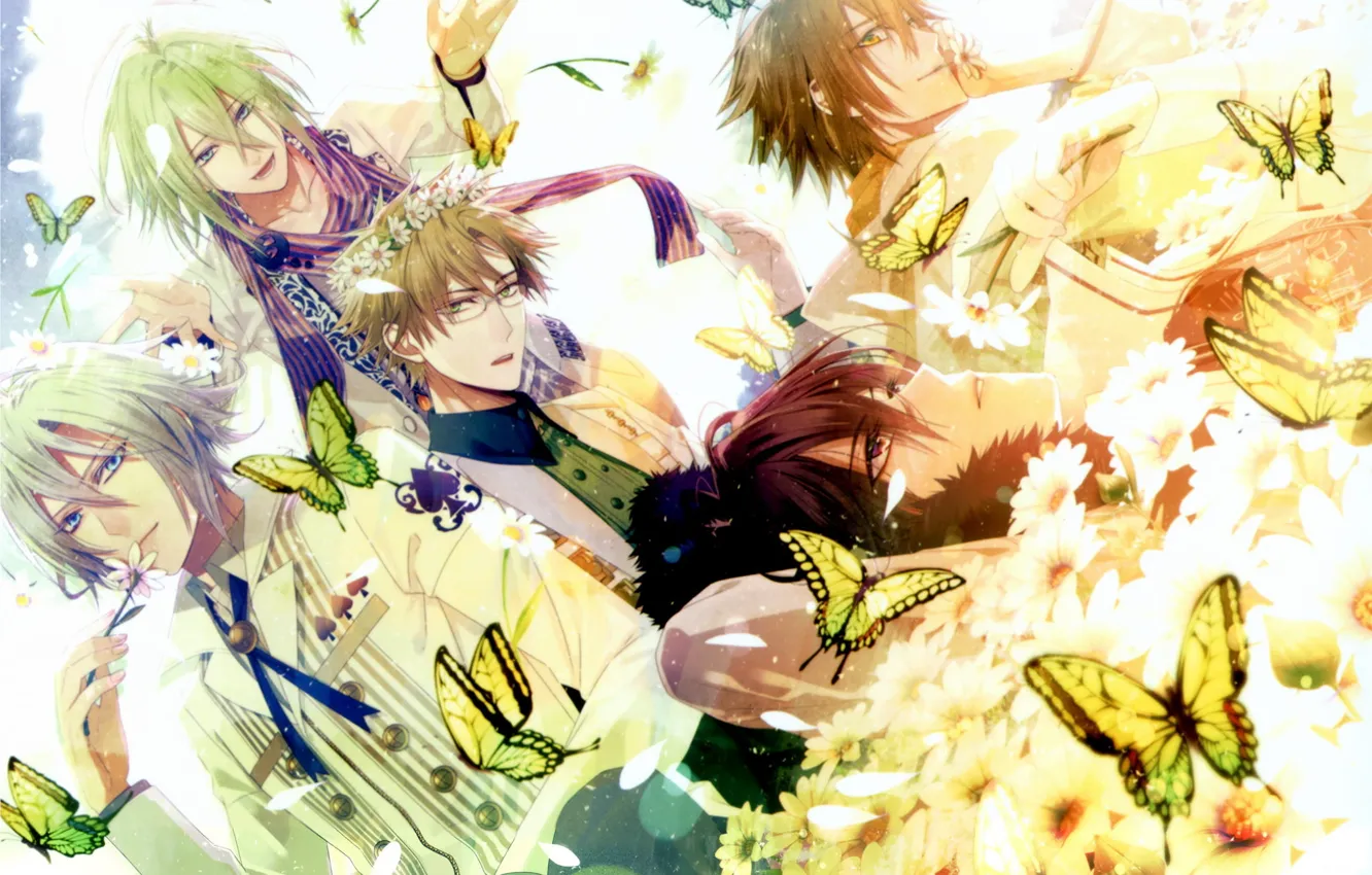 Фото обои бабочки, цветы, аниме, парни, anime, amnesia, амнезия, аниме парни
