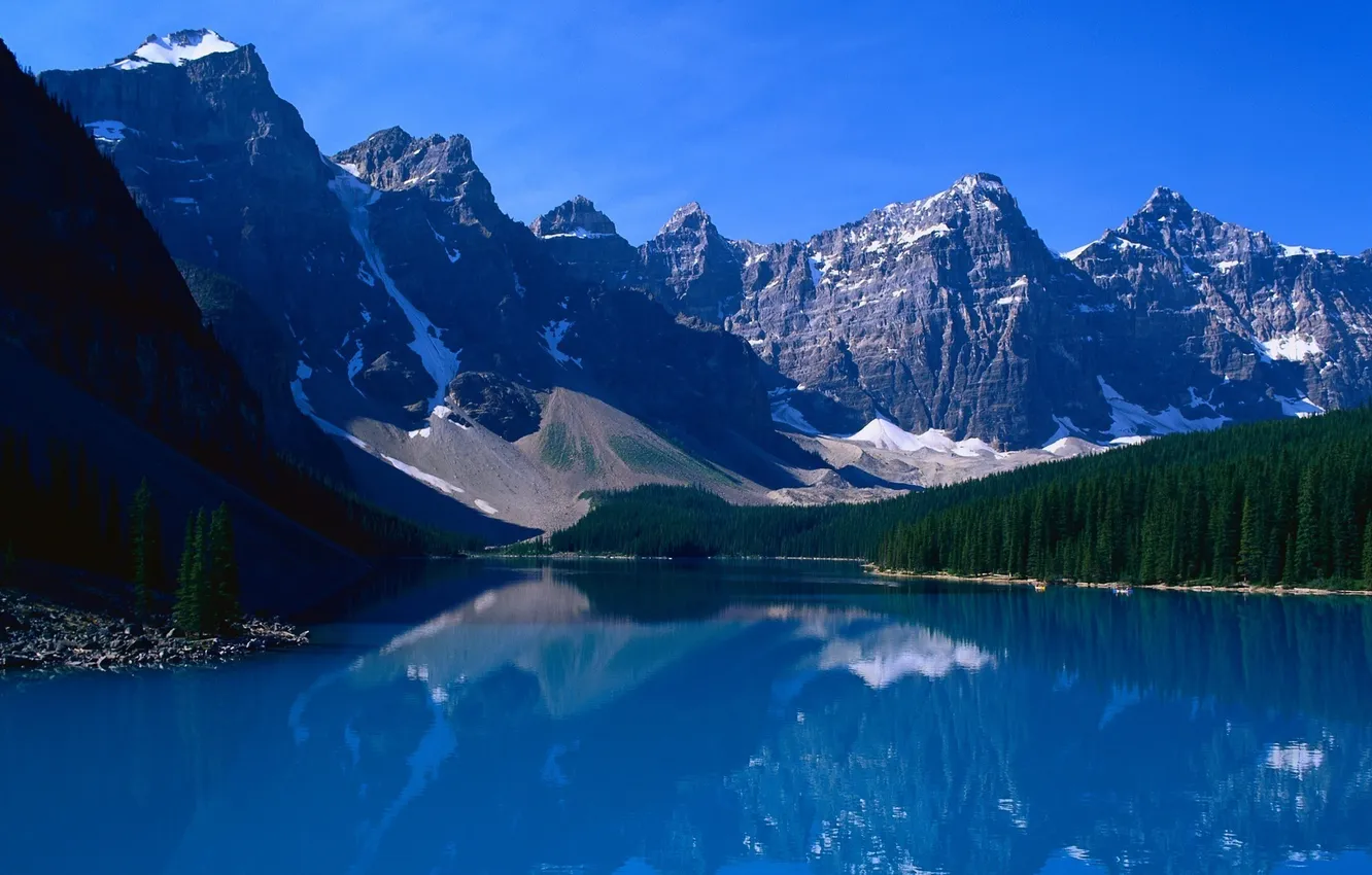 Фото обои лес, снег, горы, озеро, синее небо