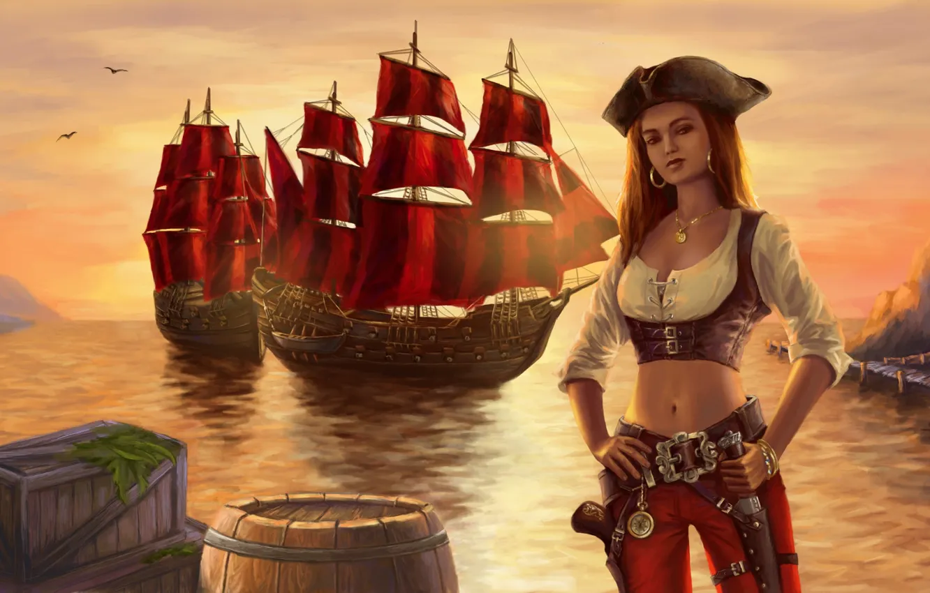 Фото обои девушка, закат, корабль, арт, пиратка
