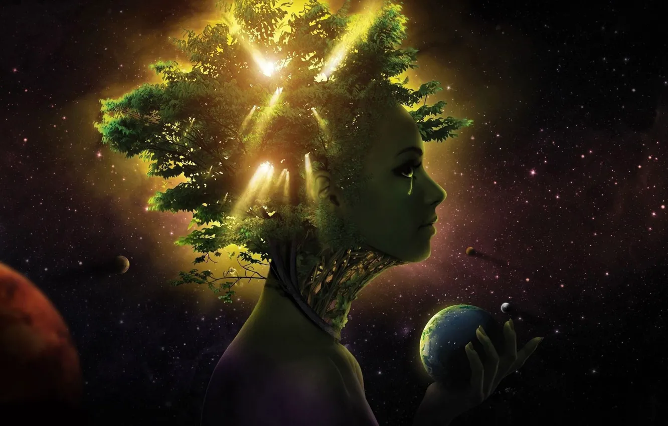 Фото обои космос, деревья, жизнь, люди, планеты, слезы, space, цивилизация