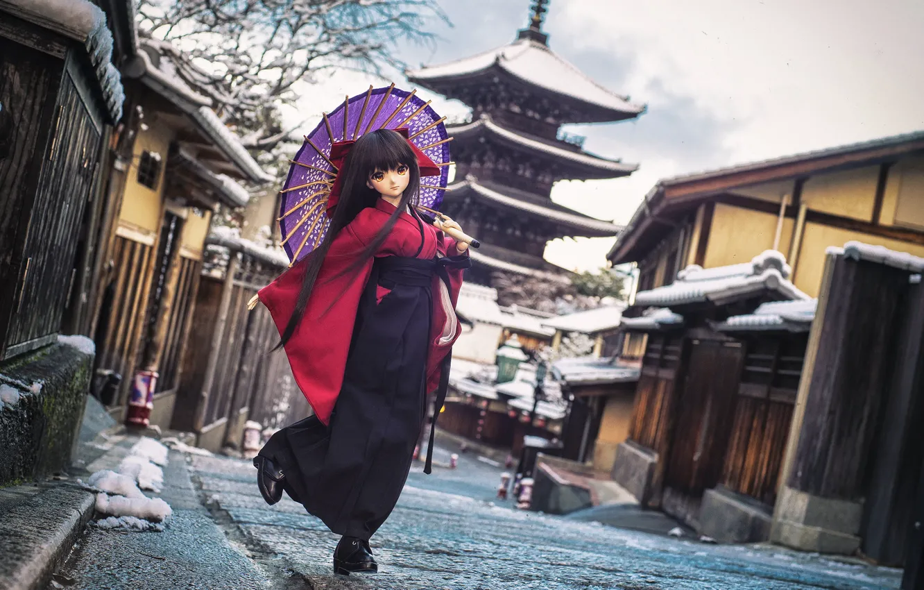 Фото обои девушка, зонтик, кукла, пагода, кимоно, азиатка, Киото