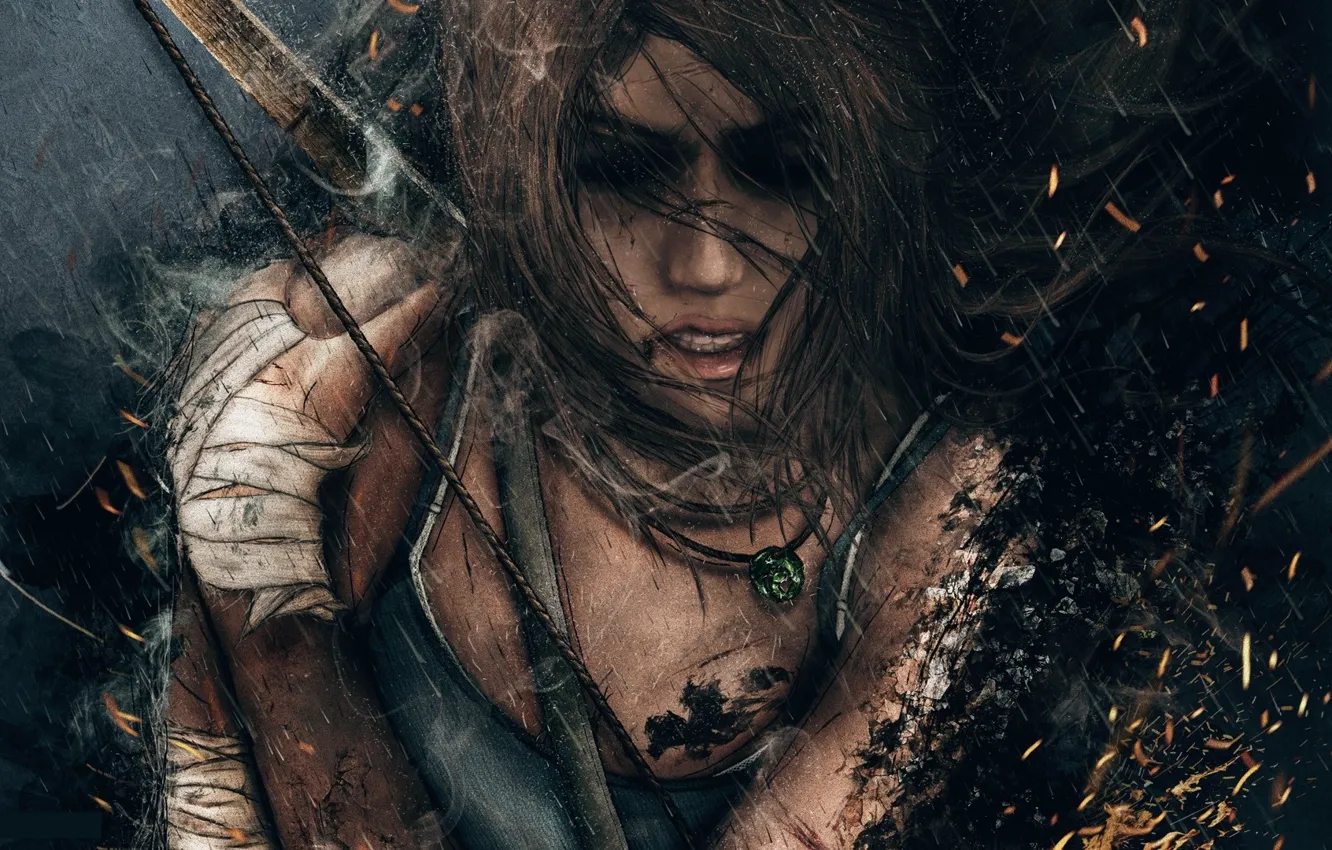 Фото обои холод, ночь, одиночество, боль, ливень, бинты, Lara Croft, раны