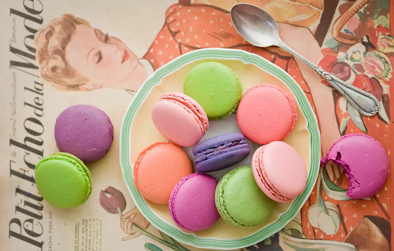 Фото обои печенье, ложка, разноцветное, ассорти, Anna Verdina, macaron, макарун