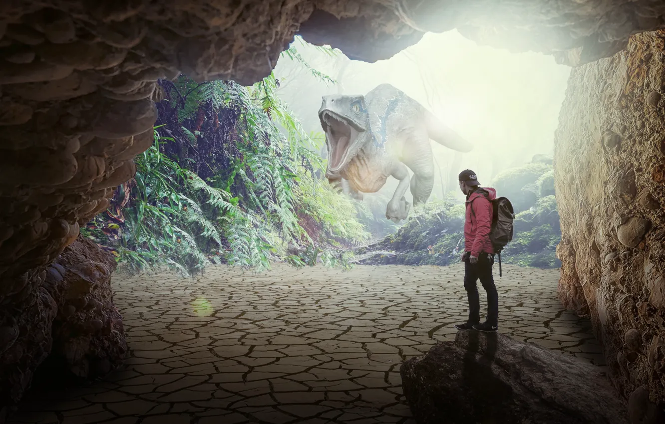 Фото обои динозавр, пещера, раптор, турист, провал во времени