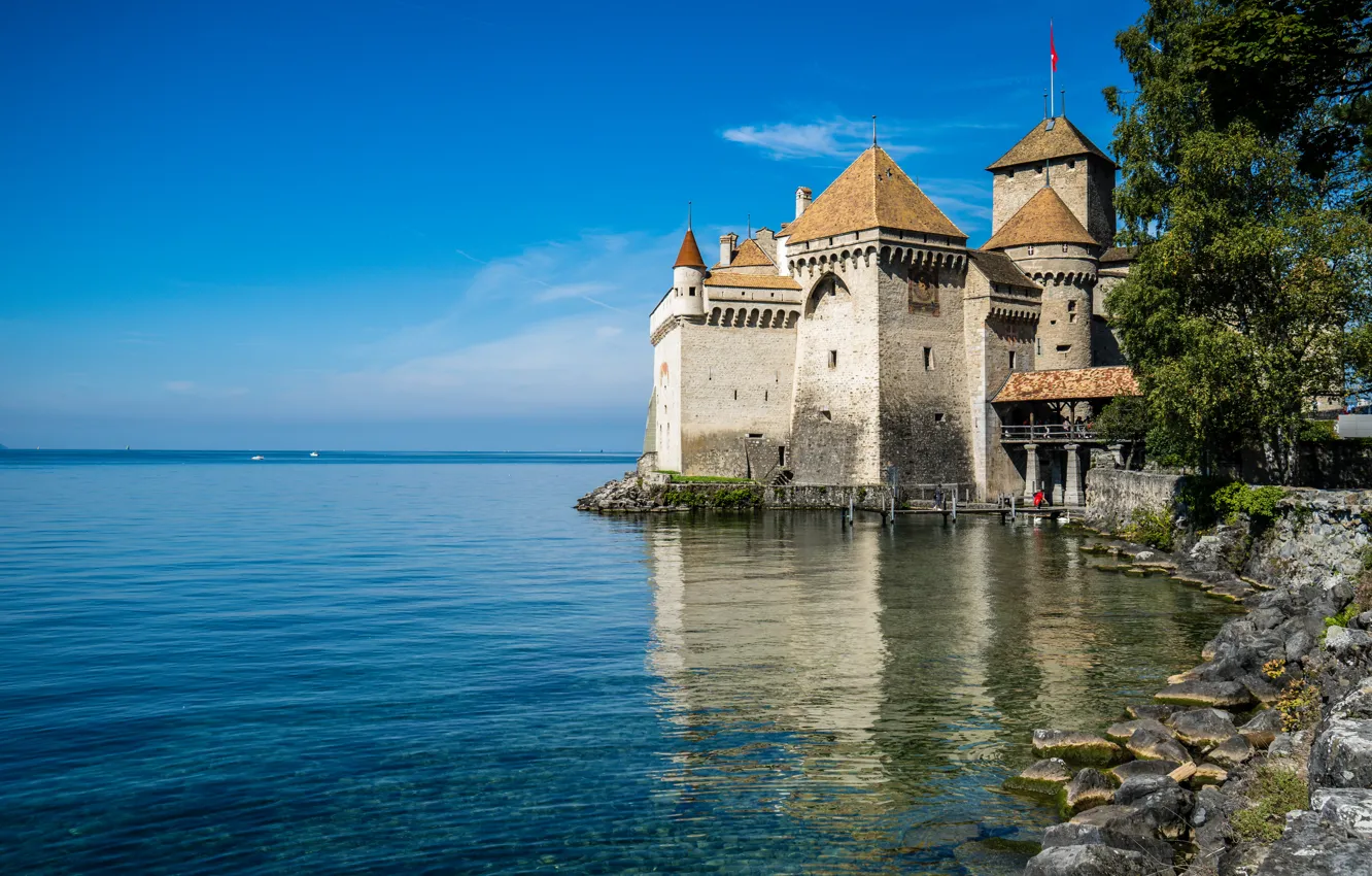 Фото обои пейзаж, природа, озеро, камни, замок, Швейцария, Женевское озеро, Шильонский замок