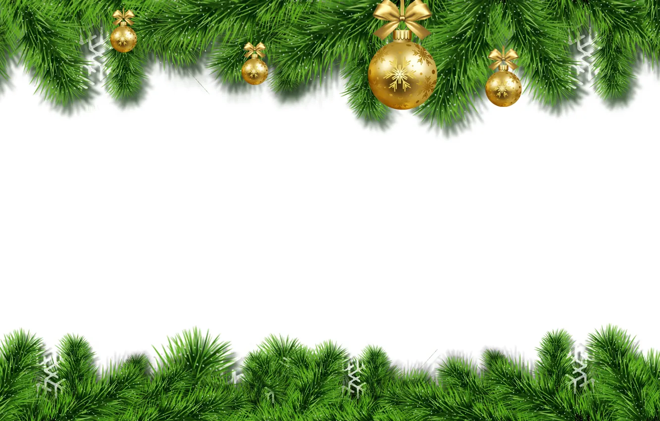 Фото обои зима, шарики, снежинки, ветки, текстура, рамка, Рождество, белый фон