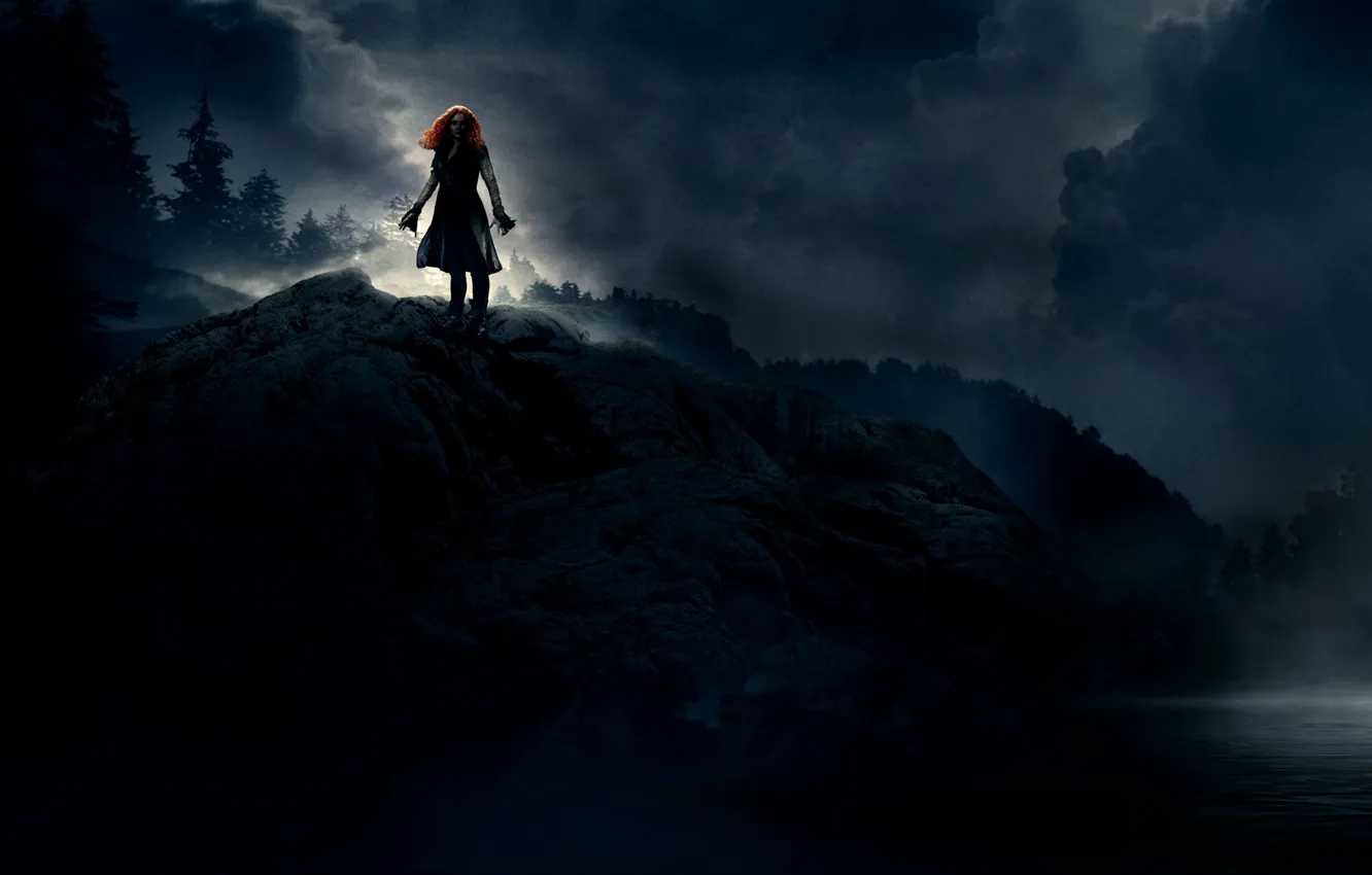 Фото обои Girl, Light, Red, Fantasy, Clouds, Sky, Rock, 2010