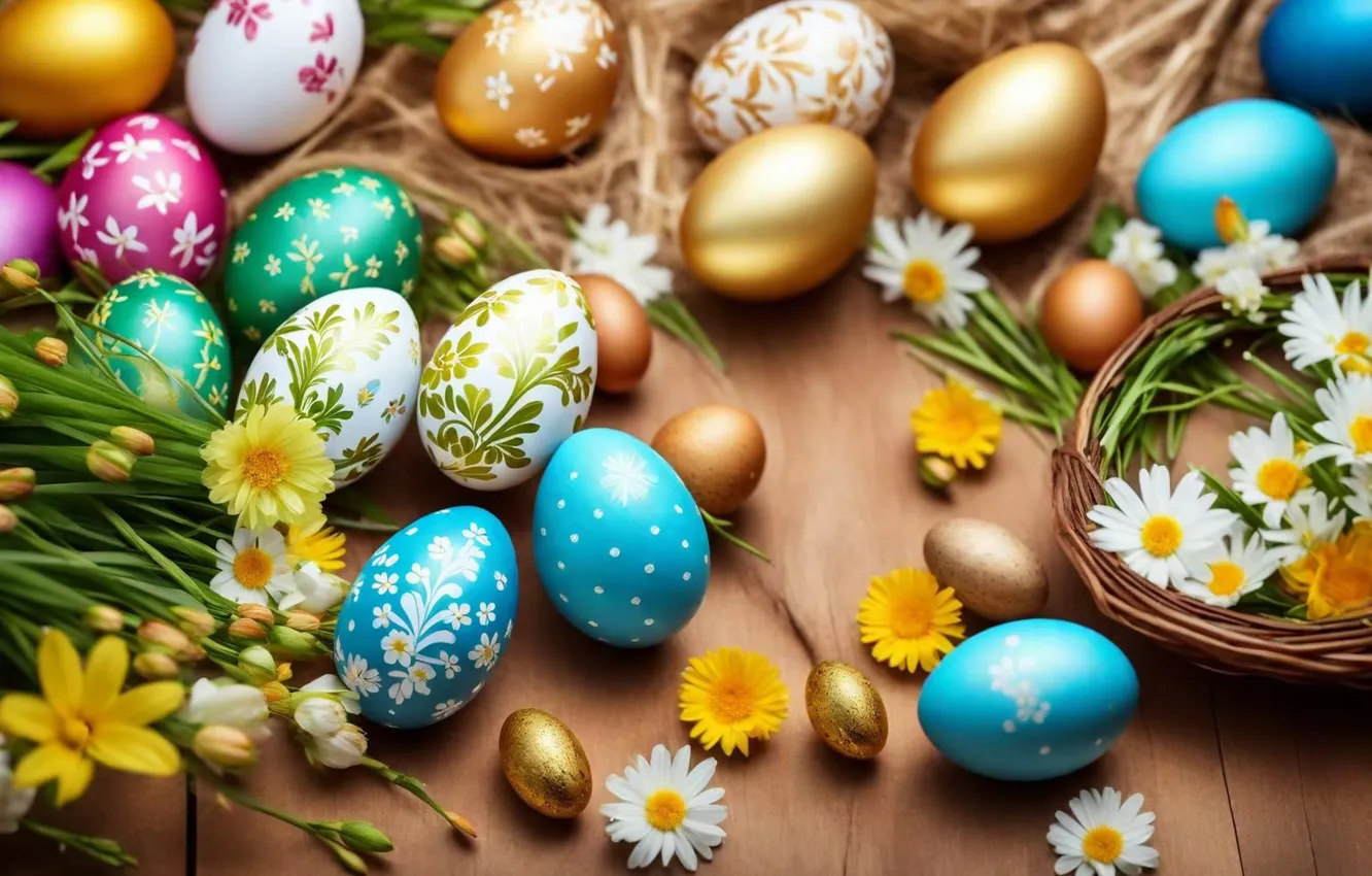 Фото обои цветы, яйца, весна, colorful, Пасха, happy, flowers, spring