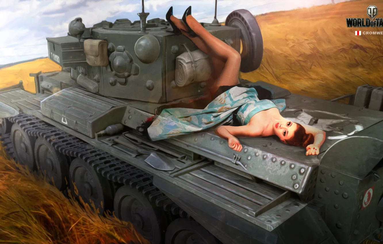 Фото обои поле, девушка, рисунок, арт, танк, колосья, британский, средний