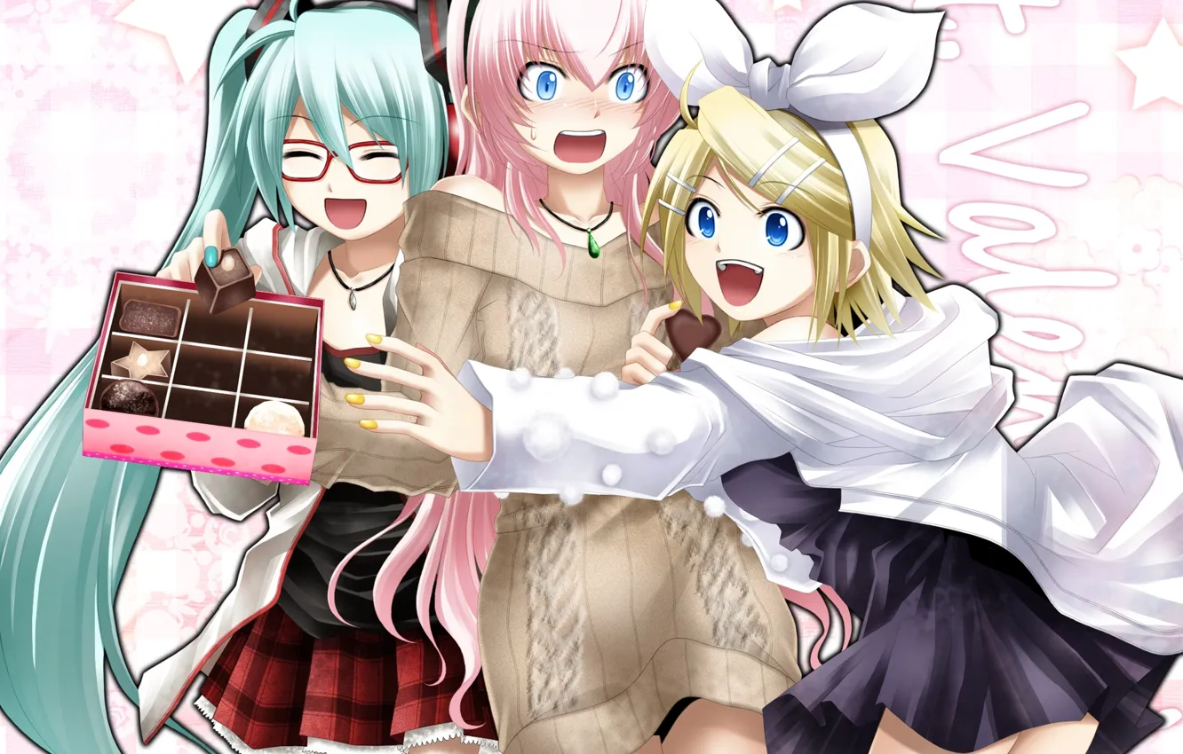 Фото обои девушки, шоколад, арт, очки, конфеты, vocaloid, hatsune miku, бант
