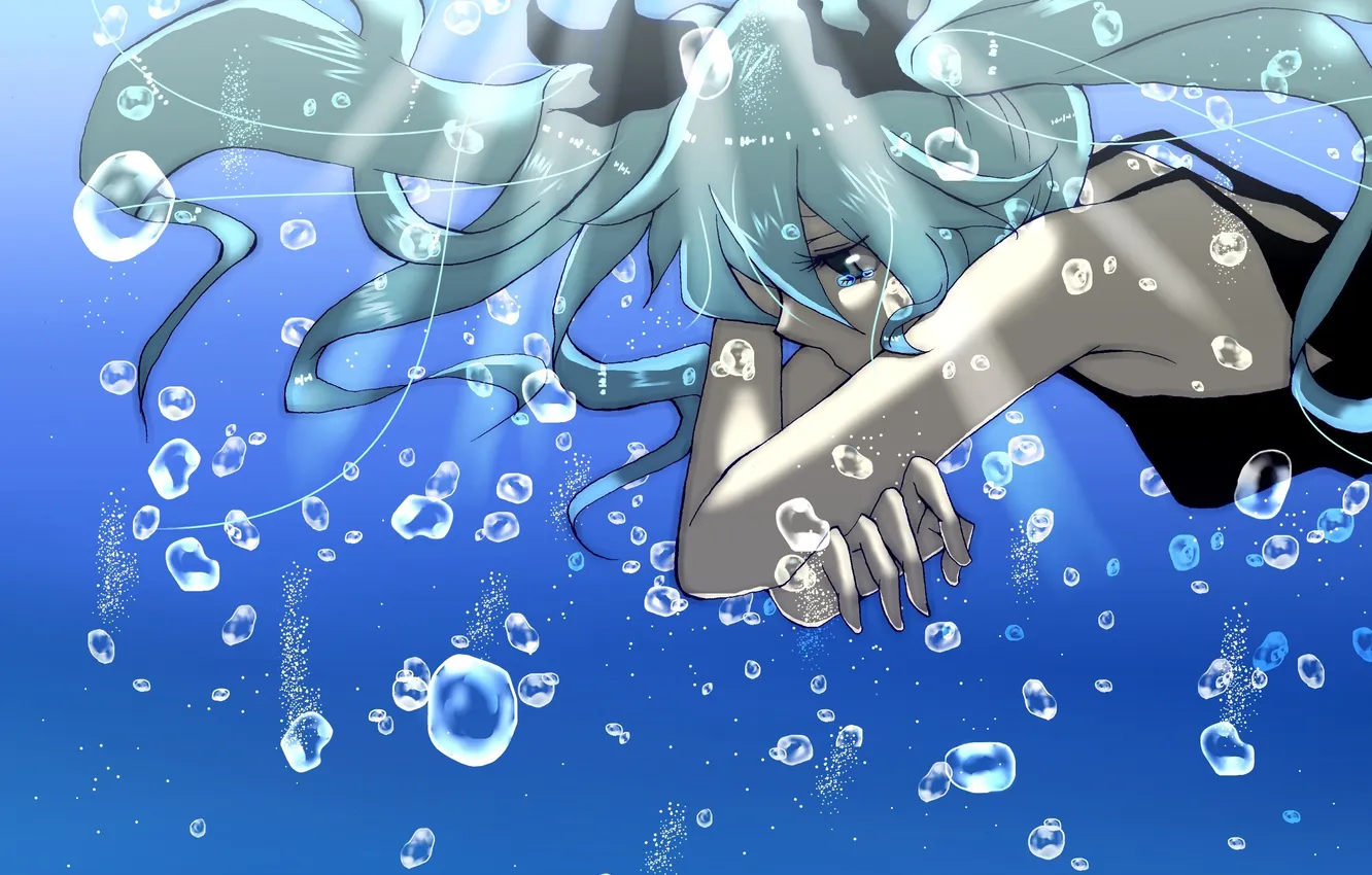 Фото обои девушка, пузыри, слезы, арт, vocaloid, hatsune miku, под водой, вокалоид