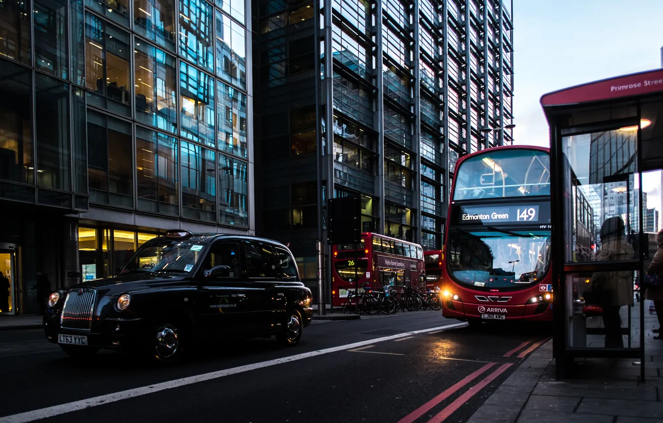 Фото обои улица, Лондон, такси, автобус, остановка, London
