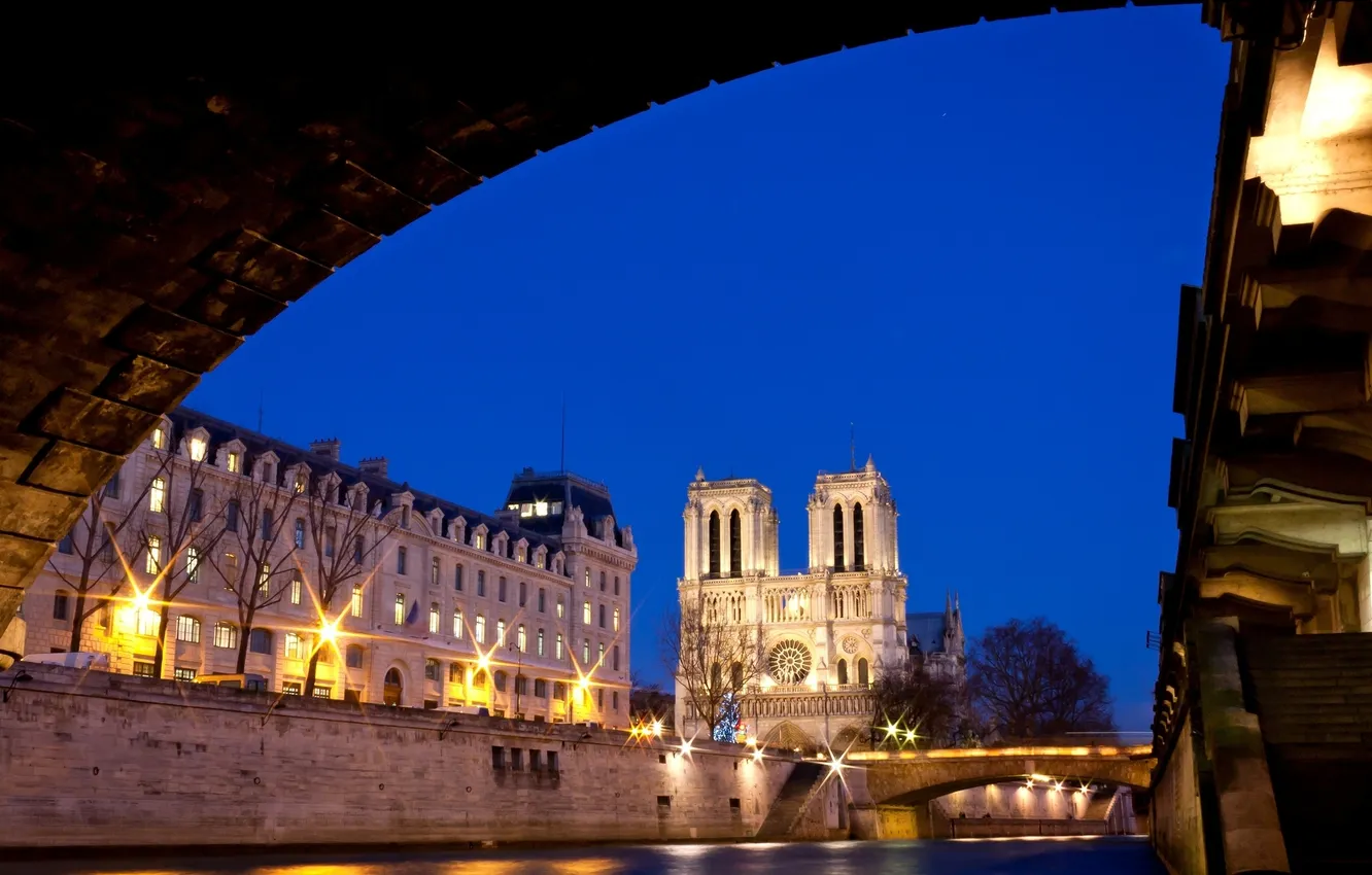 Фото обои свет, ночь, мост, город, река, Франция, Париж, здания