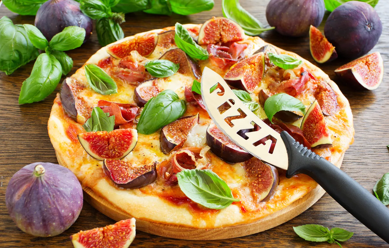 Фото обои нож, фрукты, пицца, инжир