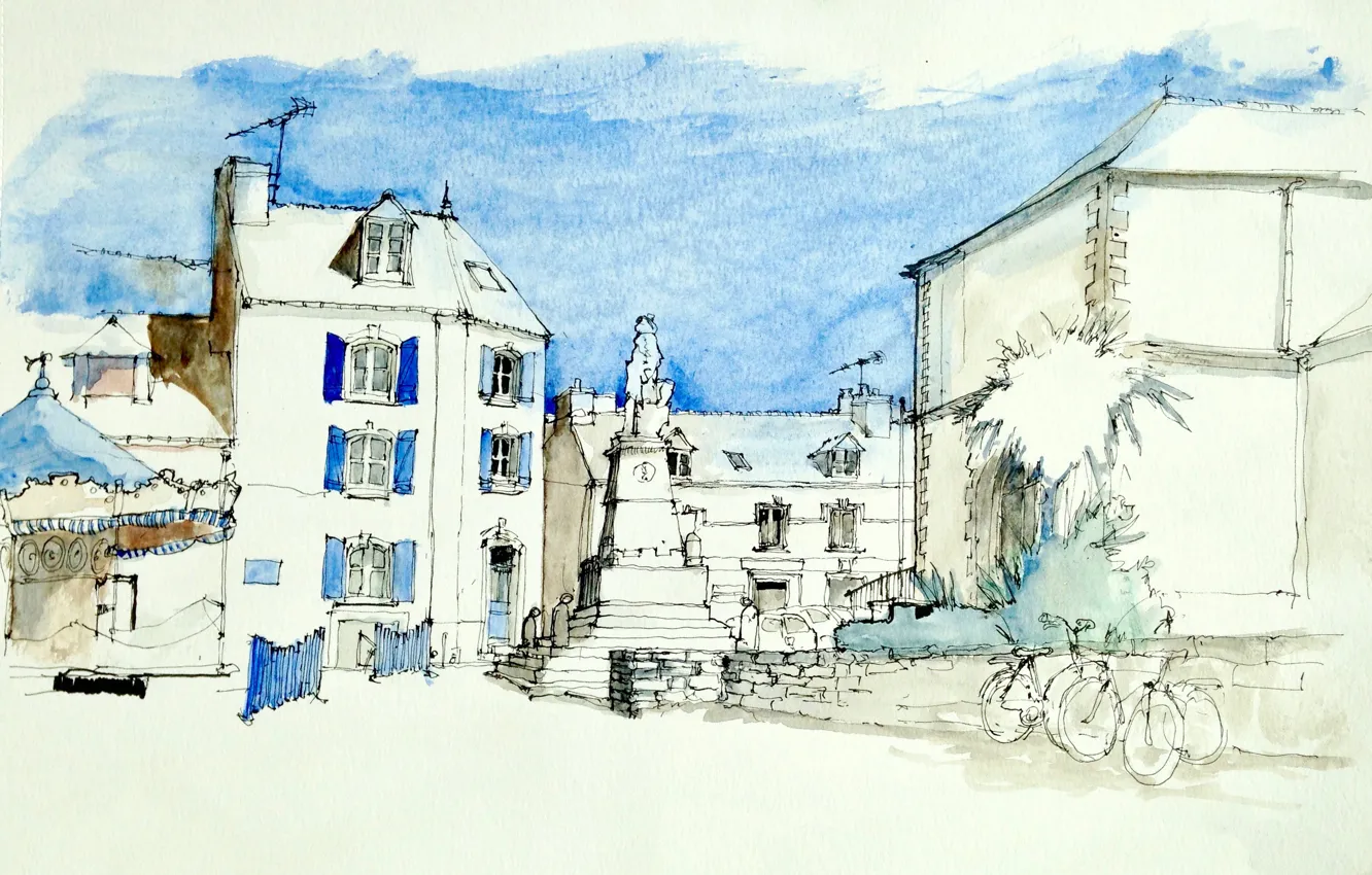 Фото обои дом, рисунок, Франция, площадь, акварель, городской пейзаж, Груа