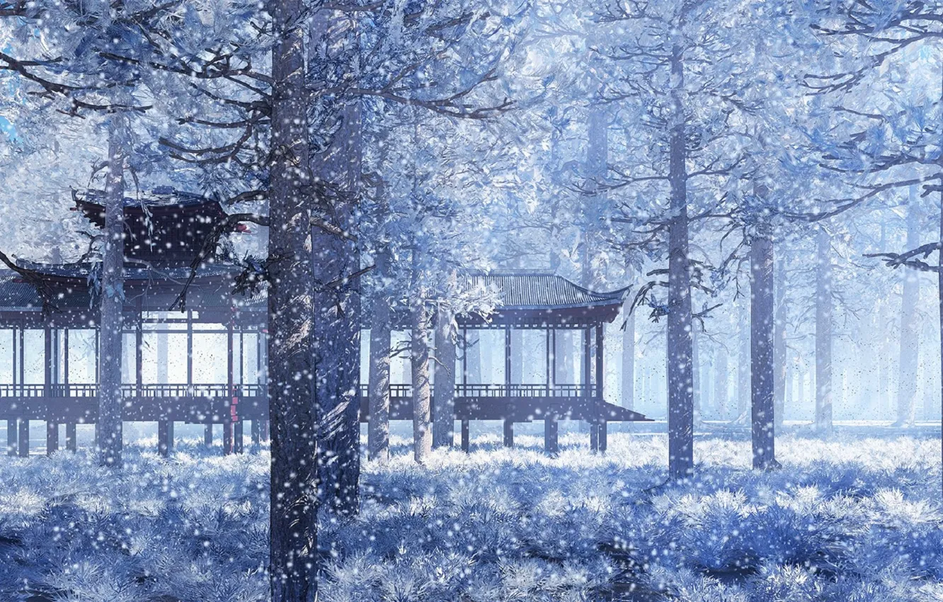 Фото обои снег, парк, Япония, беседка, снегопад, зимняя сказка, еловый лес