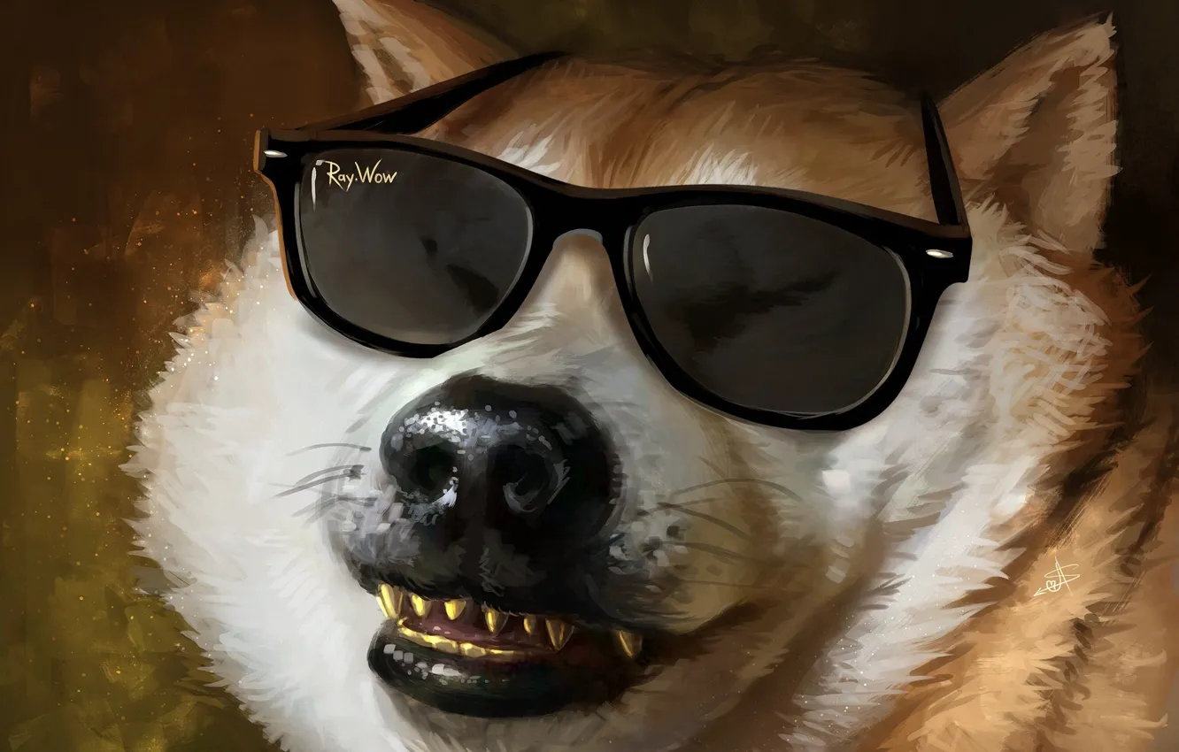 Фото обои морда, собака, зубы, шерсть, нос, арт, очки, пес