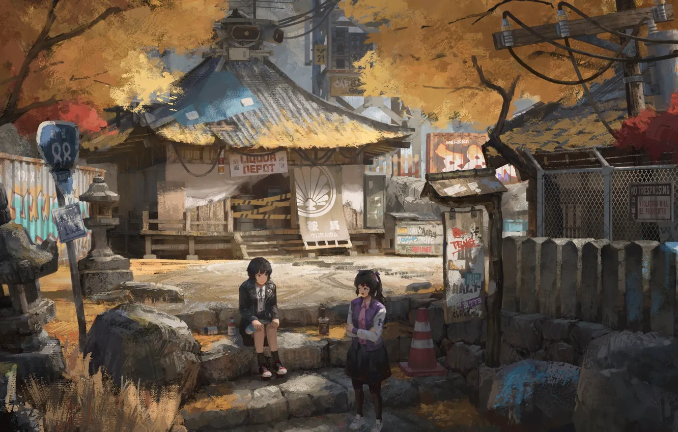 Фото обои граффити, забор, ступени, Aya Shameimaru, дорожный знак, Touhou Project, две девочки, Hatate Himekaidou