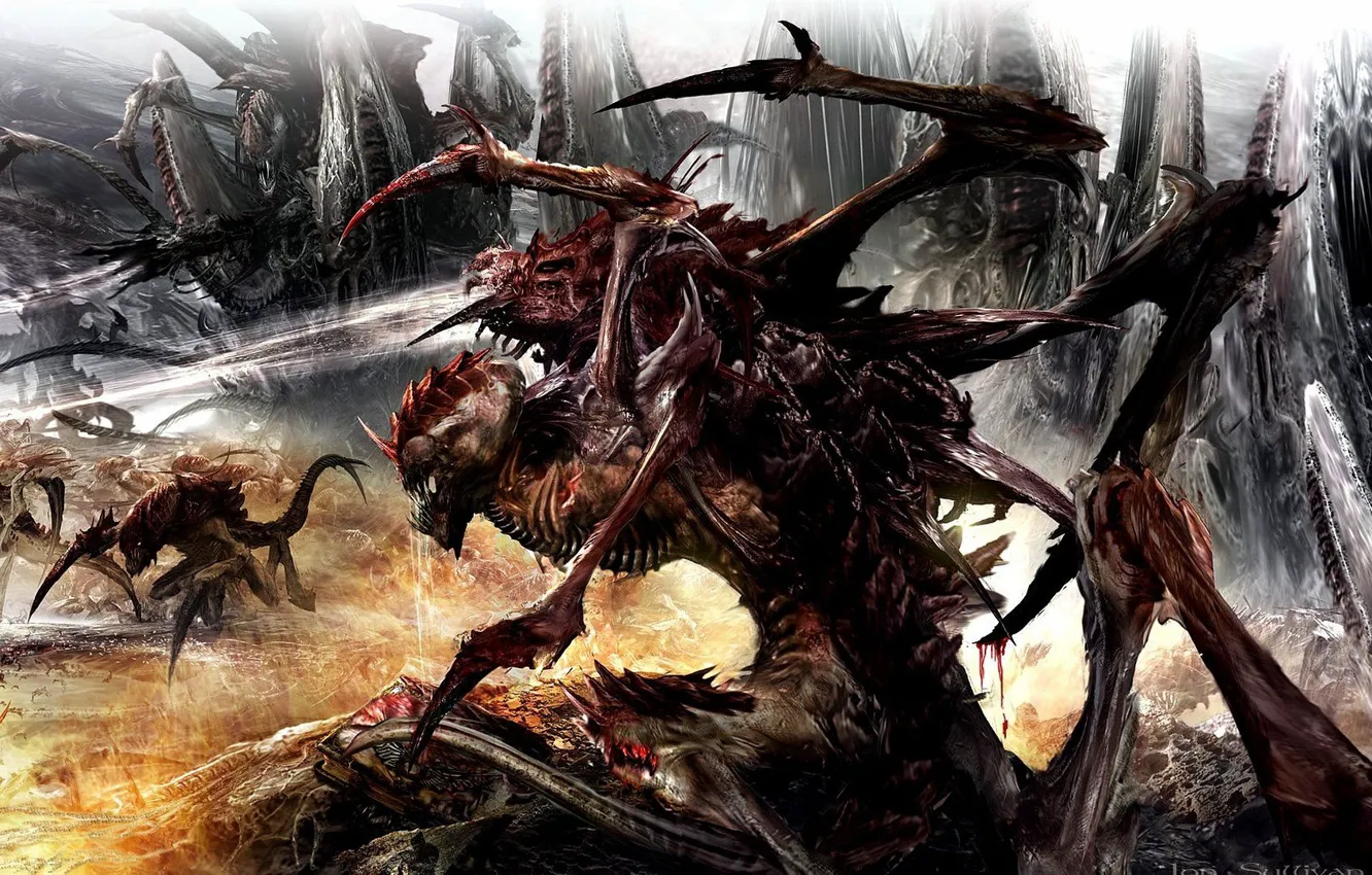 Фото обои огонь, монстр, warhammer 40000, клинки, тираниды, вархаммер, плоть