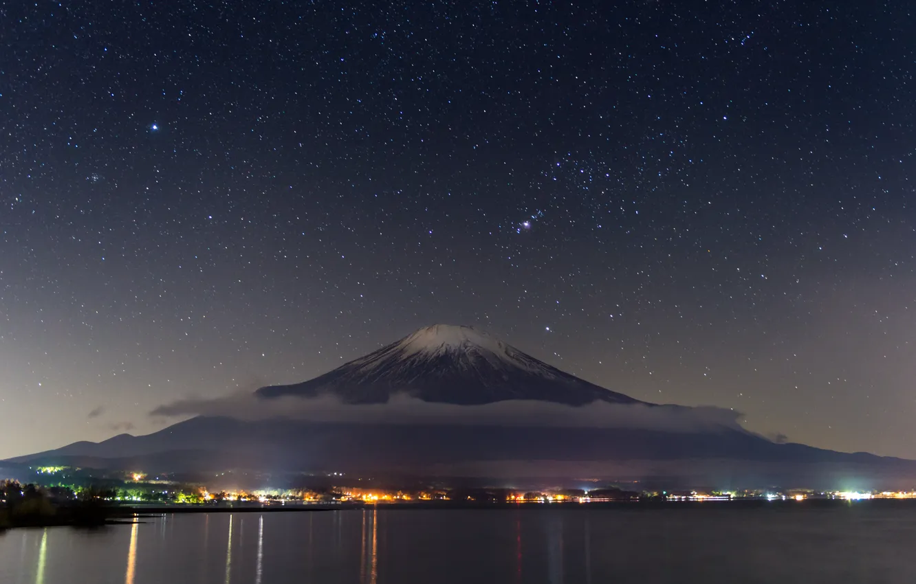 Фото обои небо, звезды, гора, Япония, панорама, Фудзияма