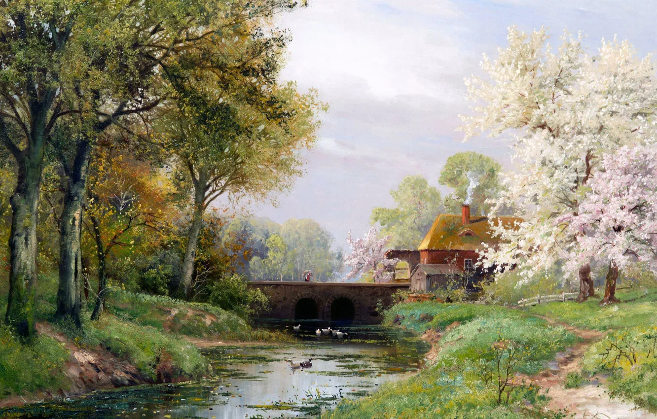 Фото обои Деревья, Дом, Картина, Речка, Alois Arnegger, Весенний пейзаж, Алоис Арнеггер, Австрийский живописец