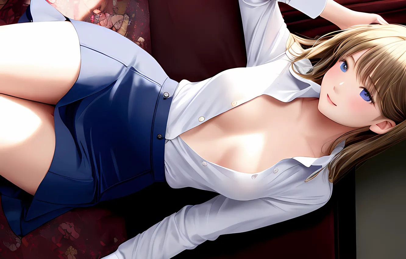 Фото обои girl, sexy, cleavage, long hair, boobs, smile, anime, beautiful