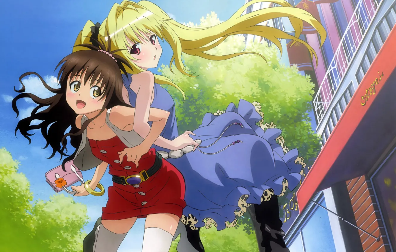 Фото обои девушки, прогулка, anime, art, To Love Ru, Konjiki No Yami, Yuuki Mikan