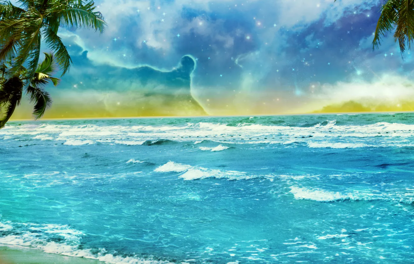 Фото обои пляж, небо, облака, пальмы, океан, берег, звёзды, арт