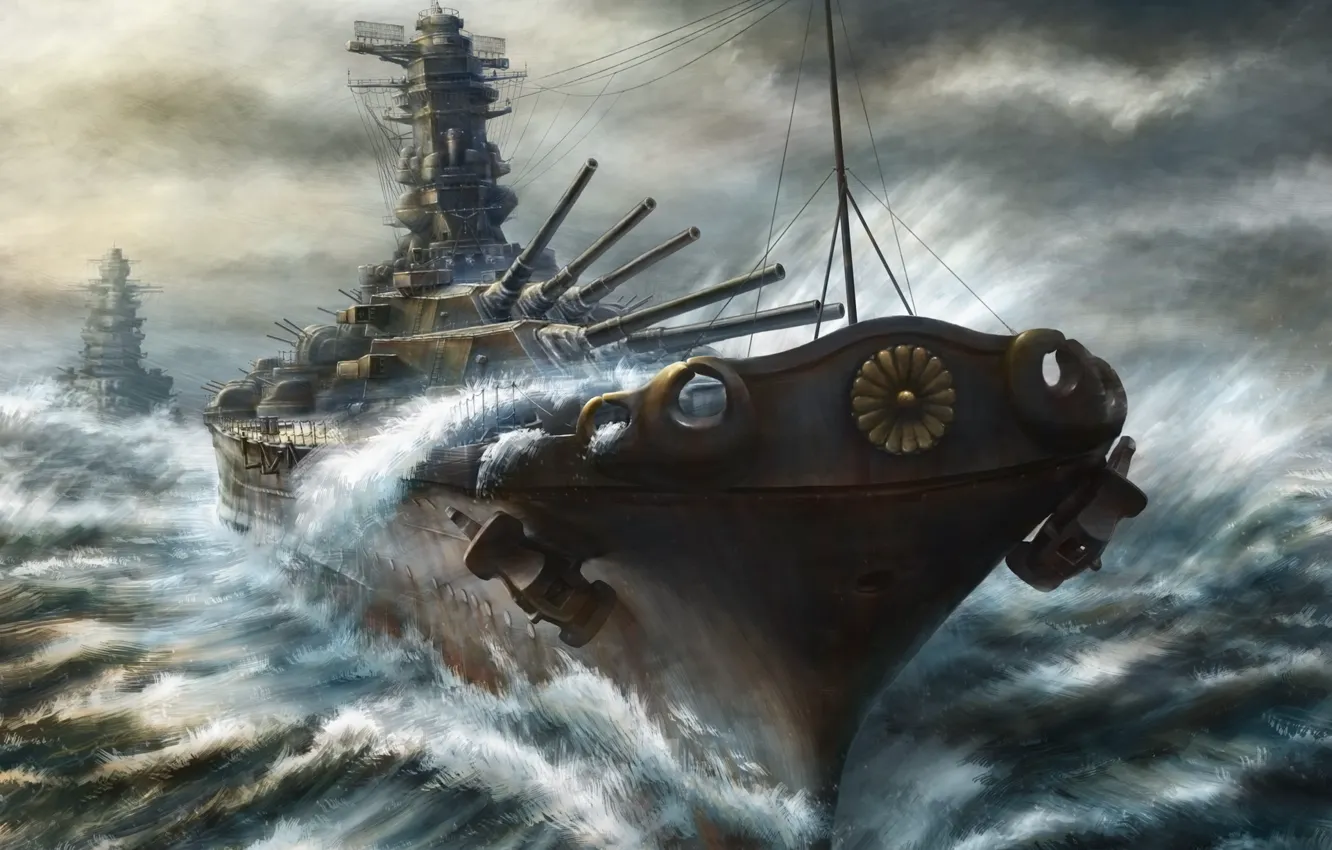 Фото обои море, краски, корабли, буря, пушки, art, линкор, крейсер
