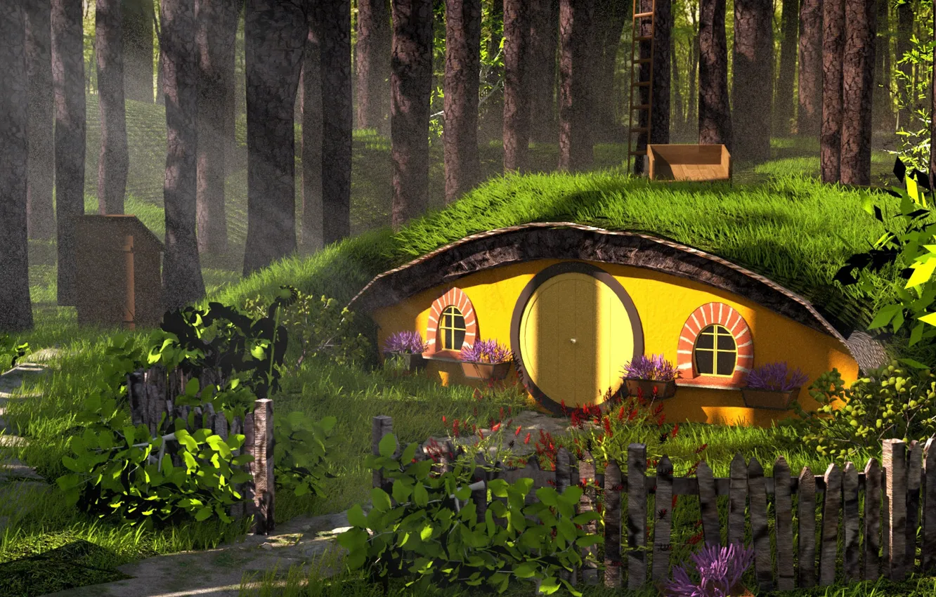 Фото обои домик, fantasy, Средиземье, Forest Hobbit House, Austin Richey