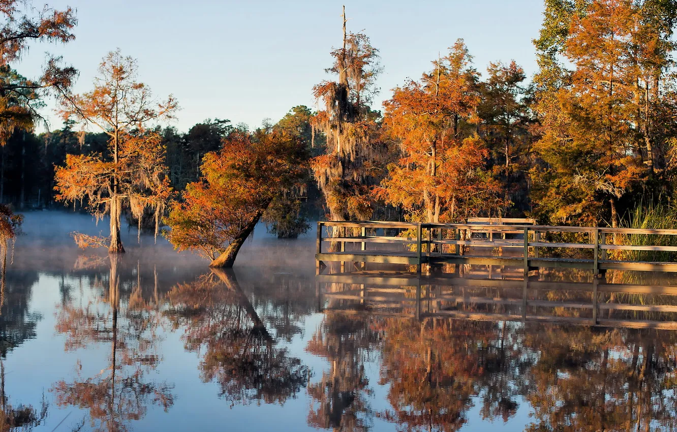 Фото обои осень, пейзаж, мост, озеро
