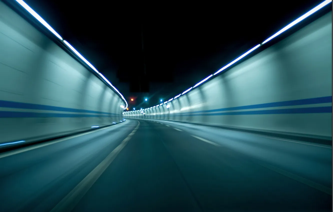 Фото обои дорога, огни, скорость, поворот, тоннель
