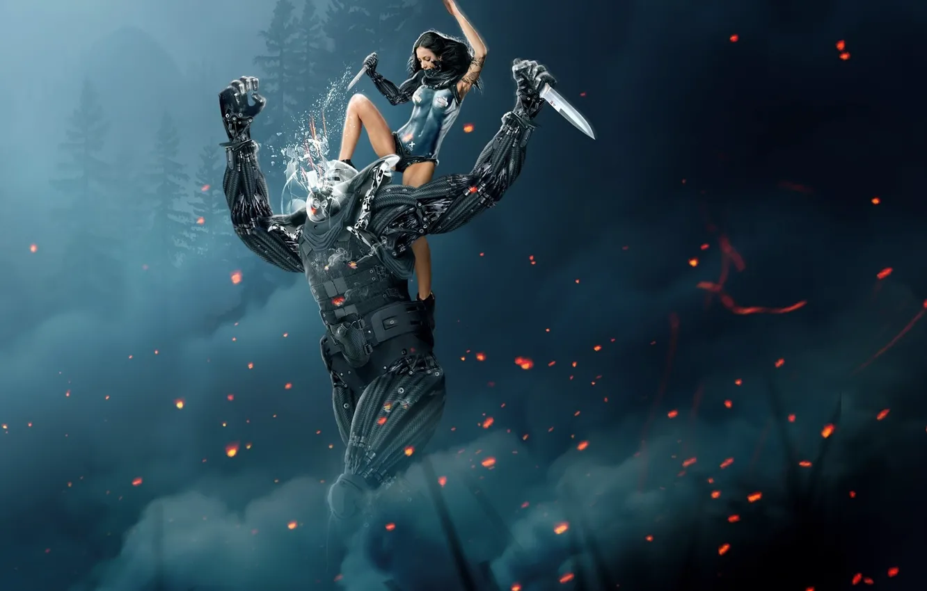 Фото обои девушка, оружие, технологии, бой, girl, киборг, размытый фон, fantasy art