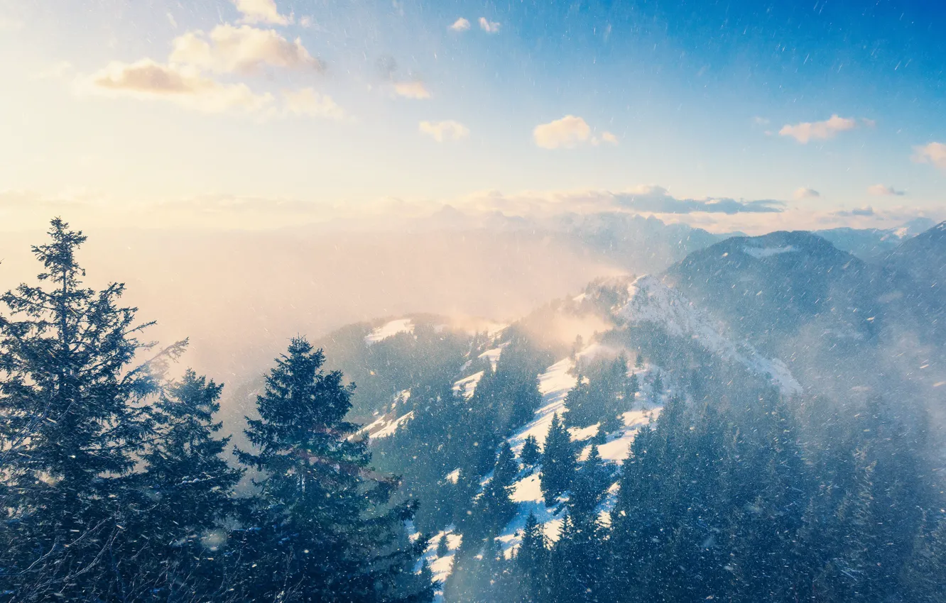 Фото обои снег, горы, туман