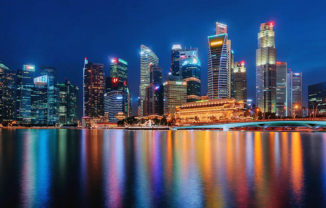 Фото обои мост, здания, дома, Сингапур, ночной город, небоскрёбы, Singapore, Marina Bay