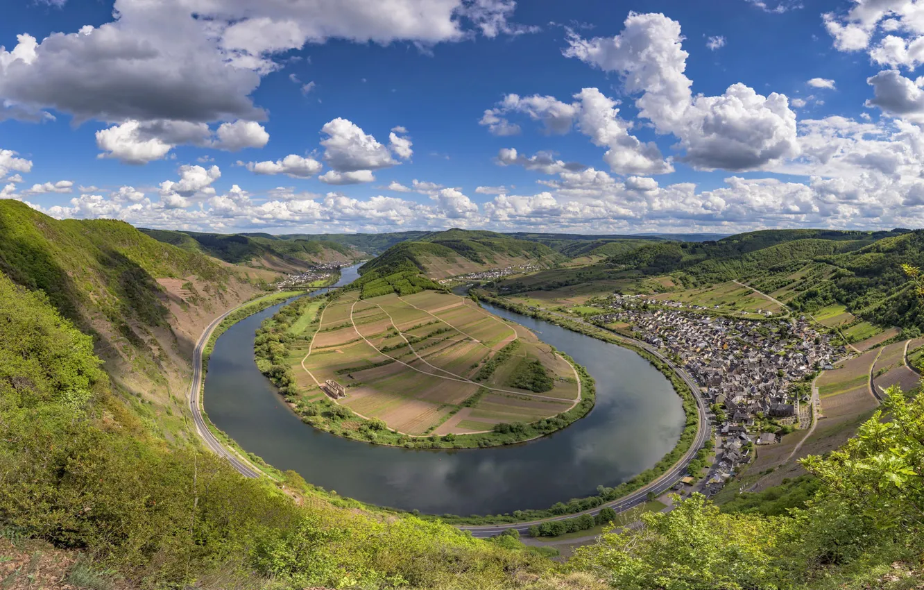 Фото обои пейзаж, природа, город, река, холмы, Германия, Брем