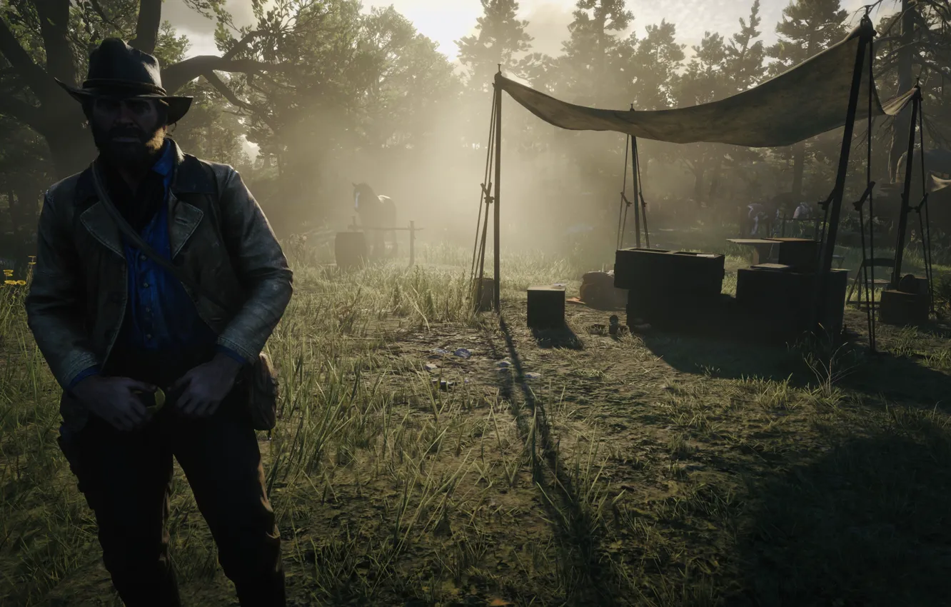 Фото обои HDR, Game, Camp, Morning, Portrait, UHD, Red Dead Redemption 2, Xbox One X