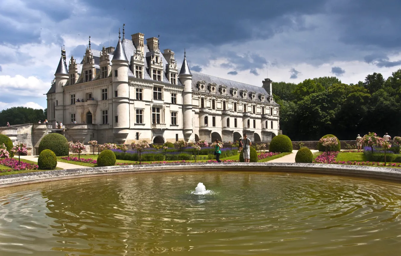 Фото обои замок, Франция, бассейн, фонтан, Шенонсо
