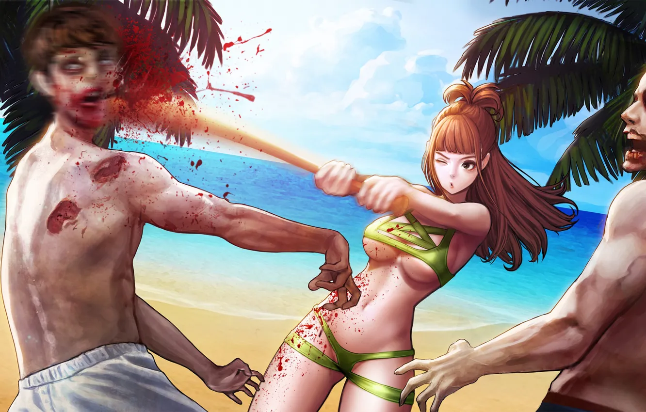 Фото обои пляж, берег, зомби, бита, zombie paradise