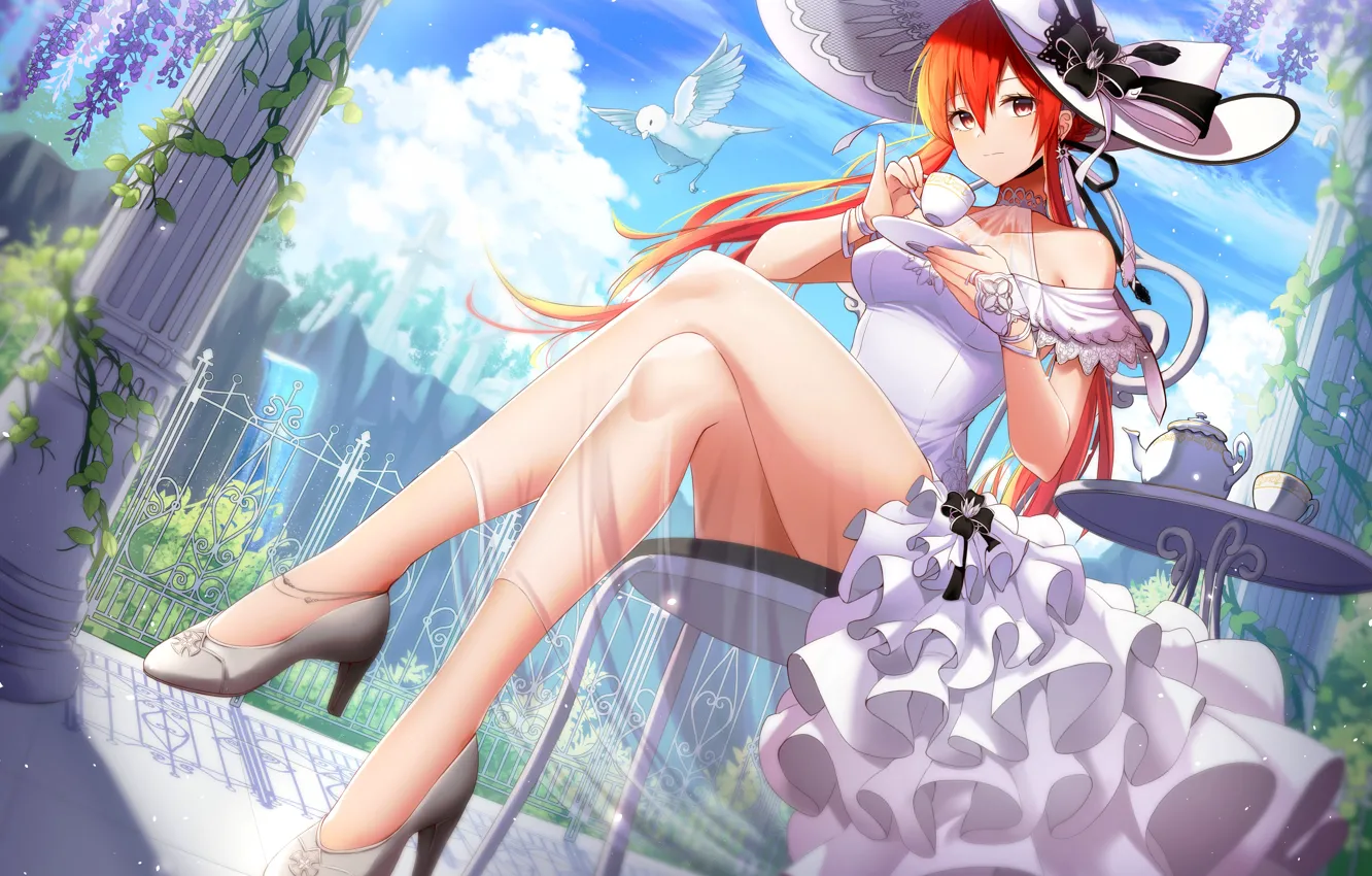 Фото обои girl, sexy, long hair, dress, anime, beautiful, red eyes, pretty