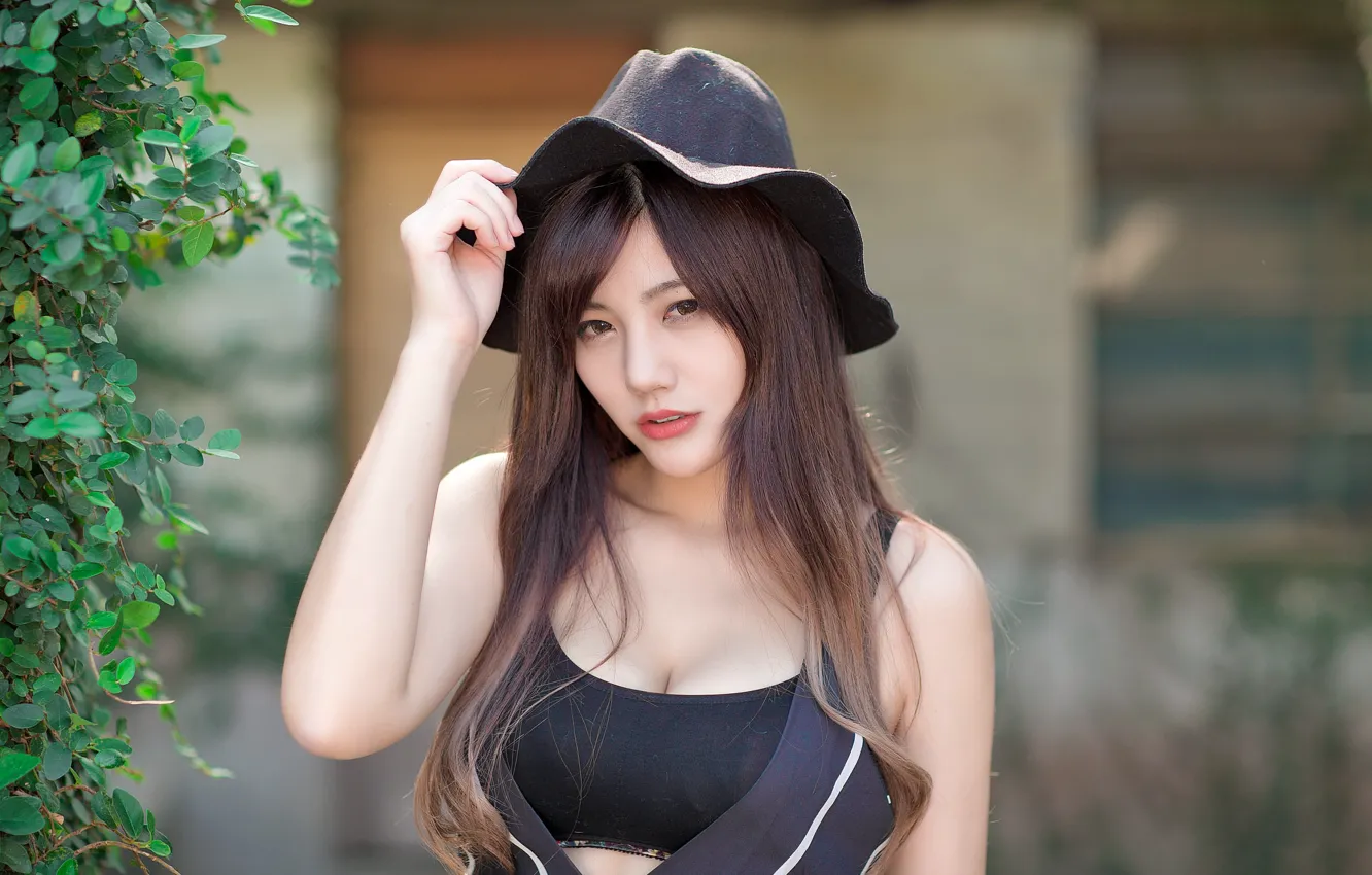 Фото обои взгляд, девушка, секси, волосы, шляпа, азиатка