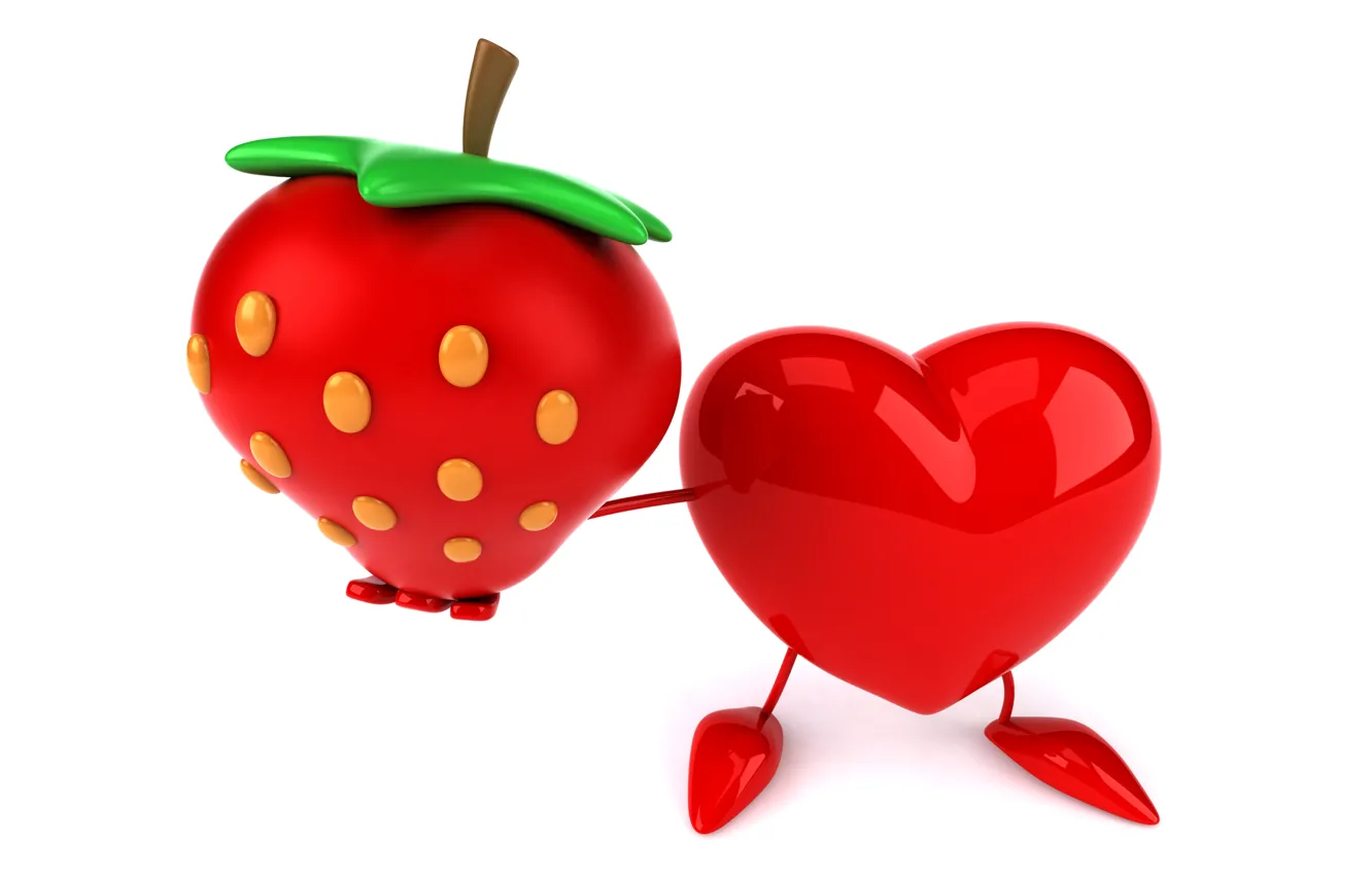 Фото обои сердце, клубника, heart, strawberry, funny, rendering, 3D Art