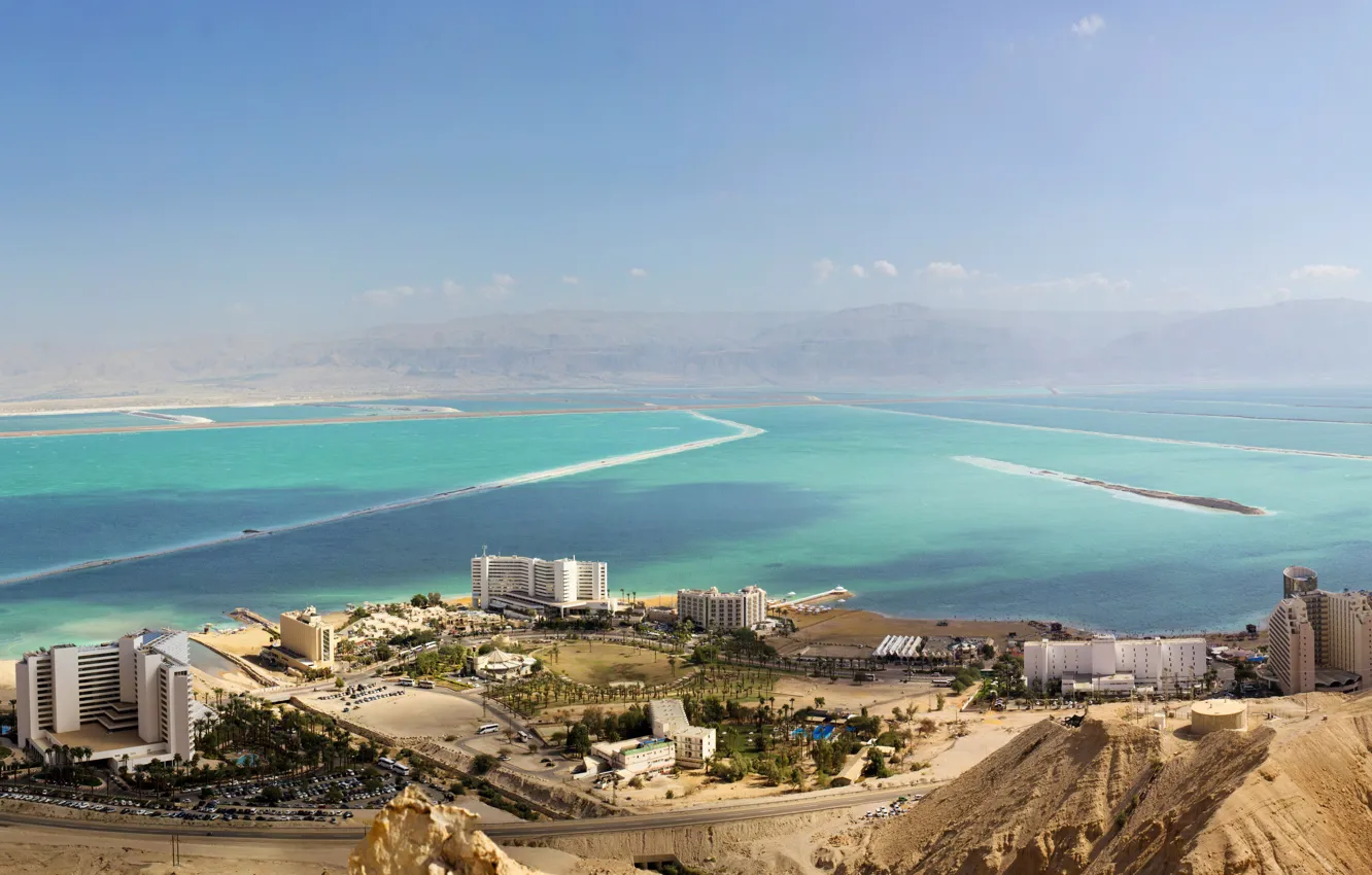 Фото обои море, горы, побережье, дома, панорама, вид сверху, Израиль