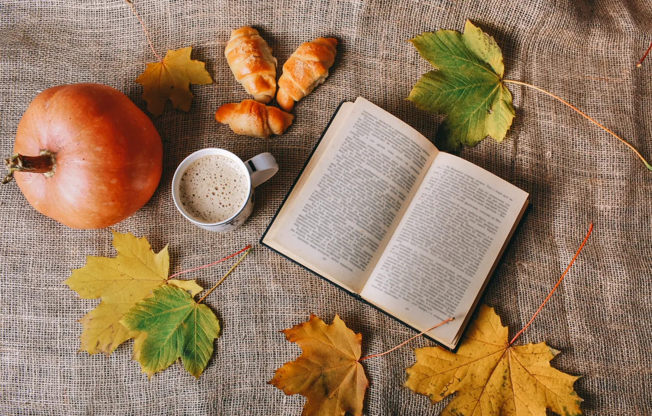 Фото обои листья, Кофе, тыква, книга